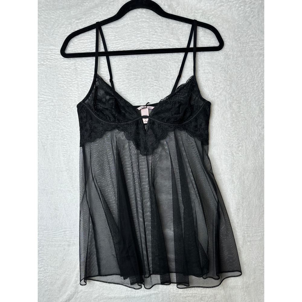 Victoria's Secret Babydoll Lingerie Women Medium Black Lace Sheer Mesh NWT